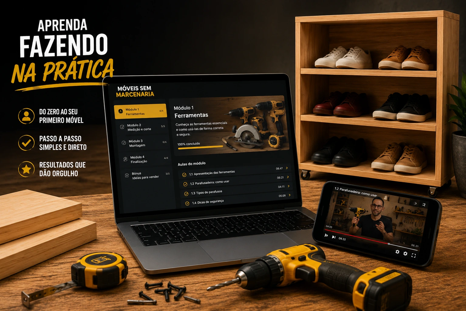 Mãos construindo uma sapateira com ferramentas simples sobre a madeira